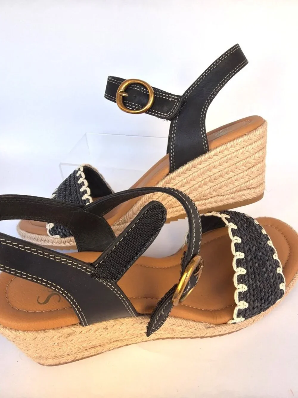 Sofft Inez Low Wedge Sandals Black Leather Summer Espadrilles Women Size 10